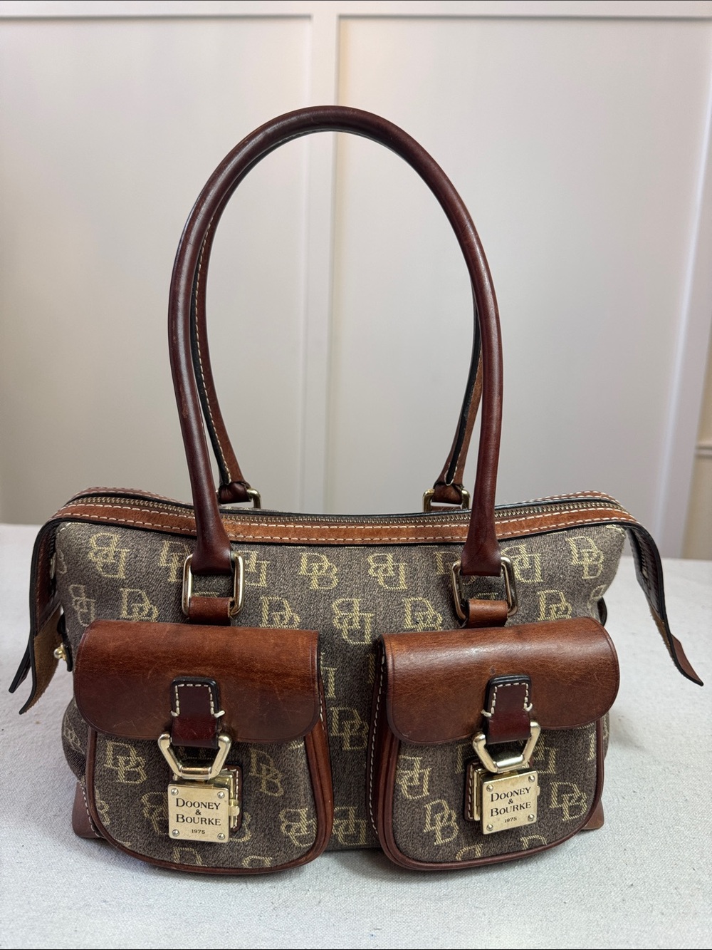 Dooney & Bourke 1975 Vintage Brown Logo Double-Pocket Satchel